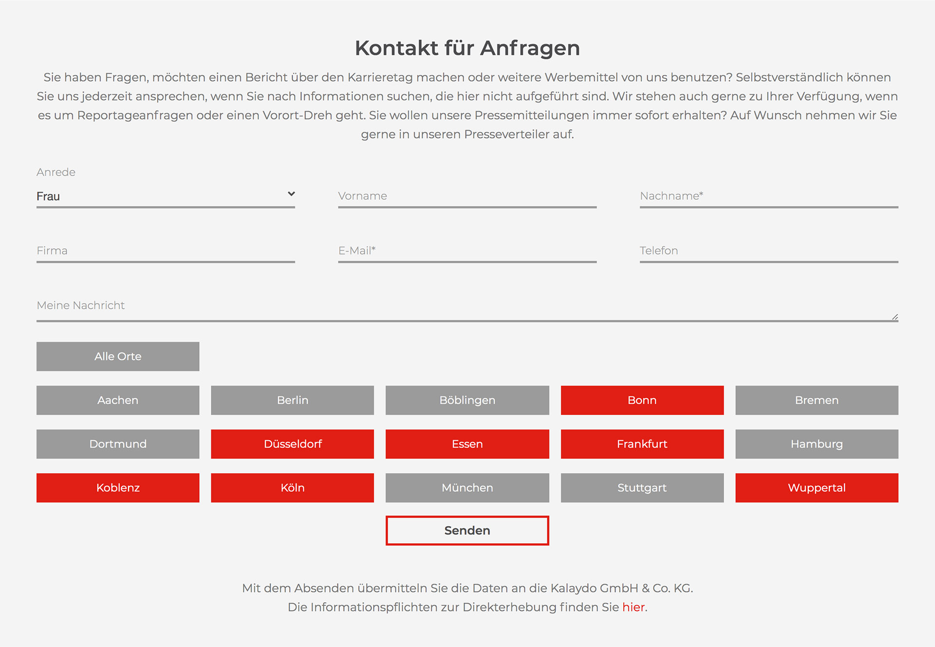 Kontaktformular mit Städte-Checkboxes